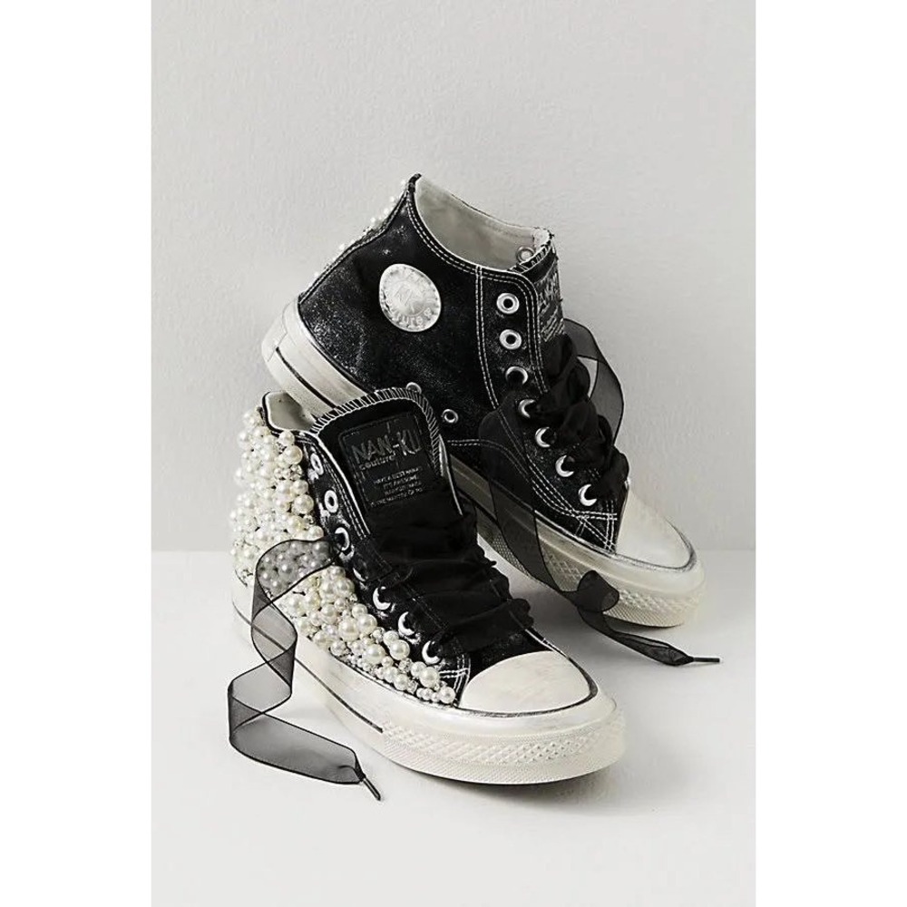 Free People Pearl Crush Hi Top Sneakers by Nan-Ku Black Sz 39 New
